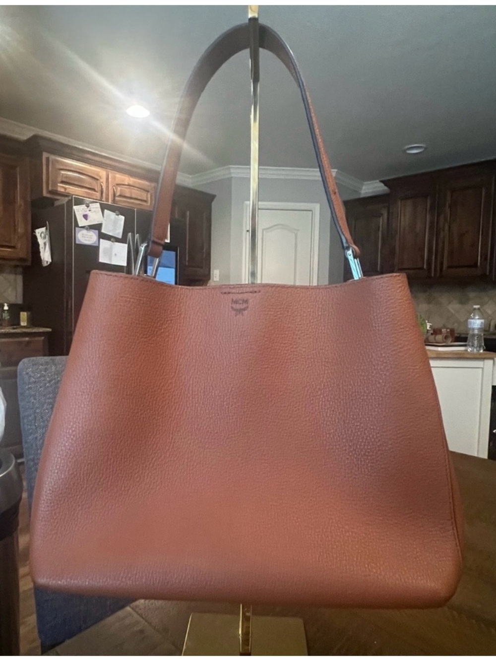 MCM Cognac Brown Pebbled Leather Logo Shoulder Bag Tote Excellent Condition